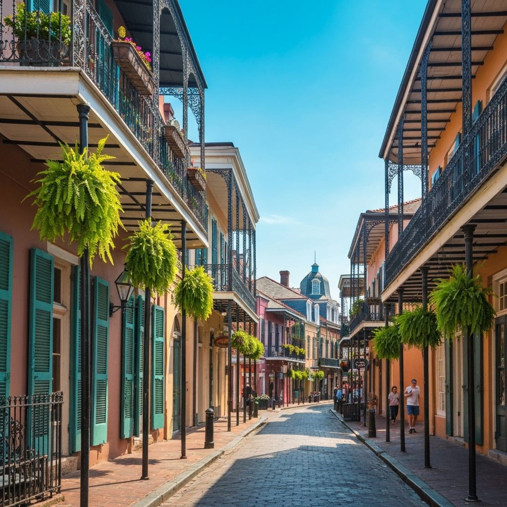 Historic French Quarter street with wrought-iron balconies