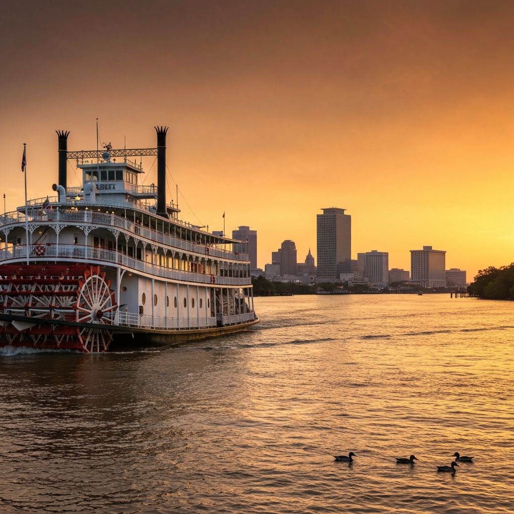Steamboat Natchez on the Mississippi River at sunset