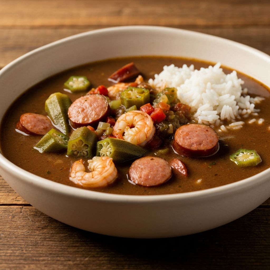 Louisiana gumbo with sausage and seafood