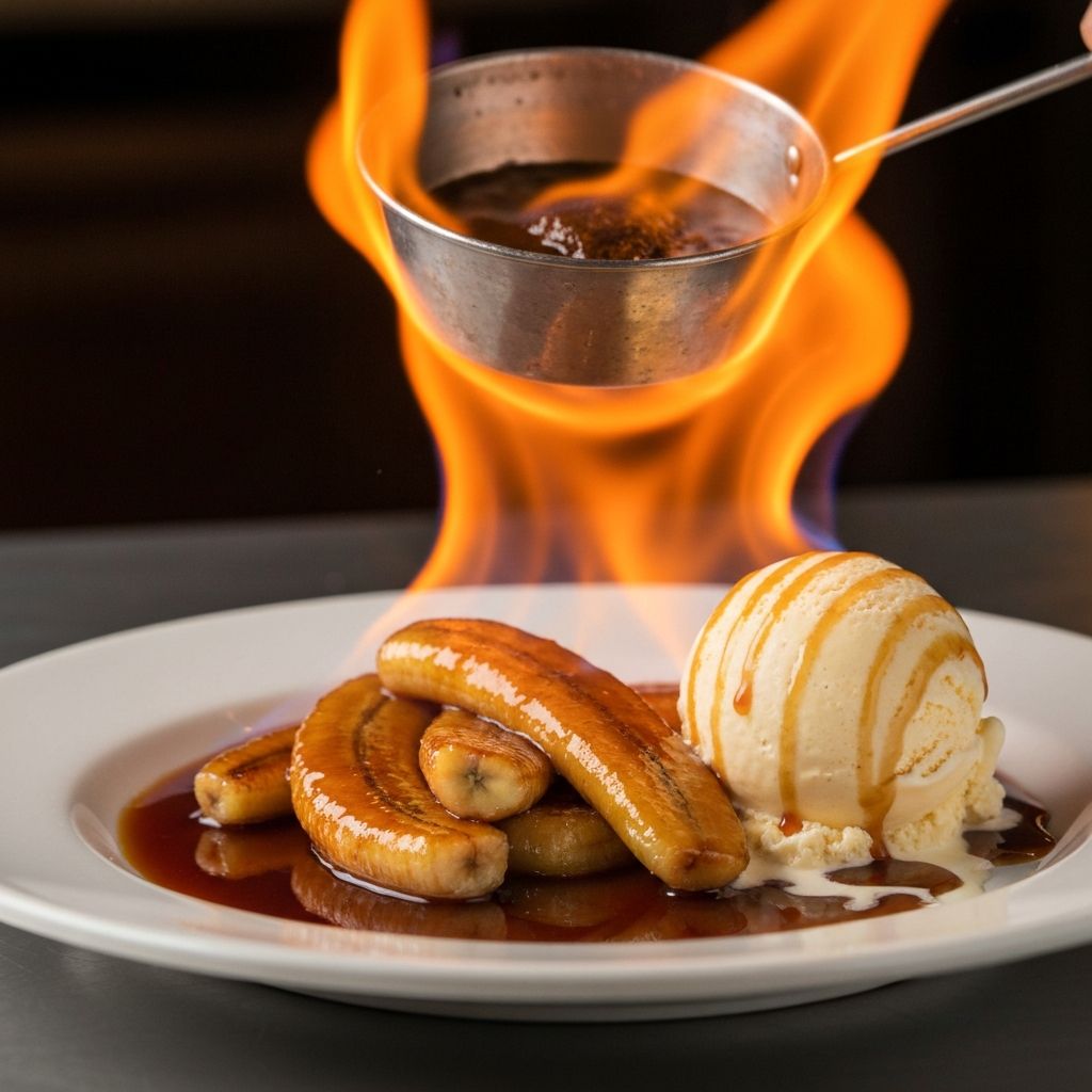 Bananas Foster dessert with vanilla ice cream