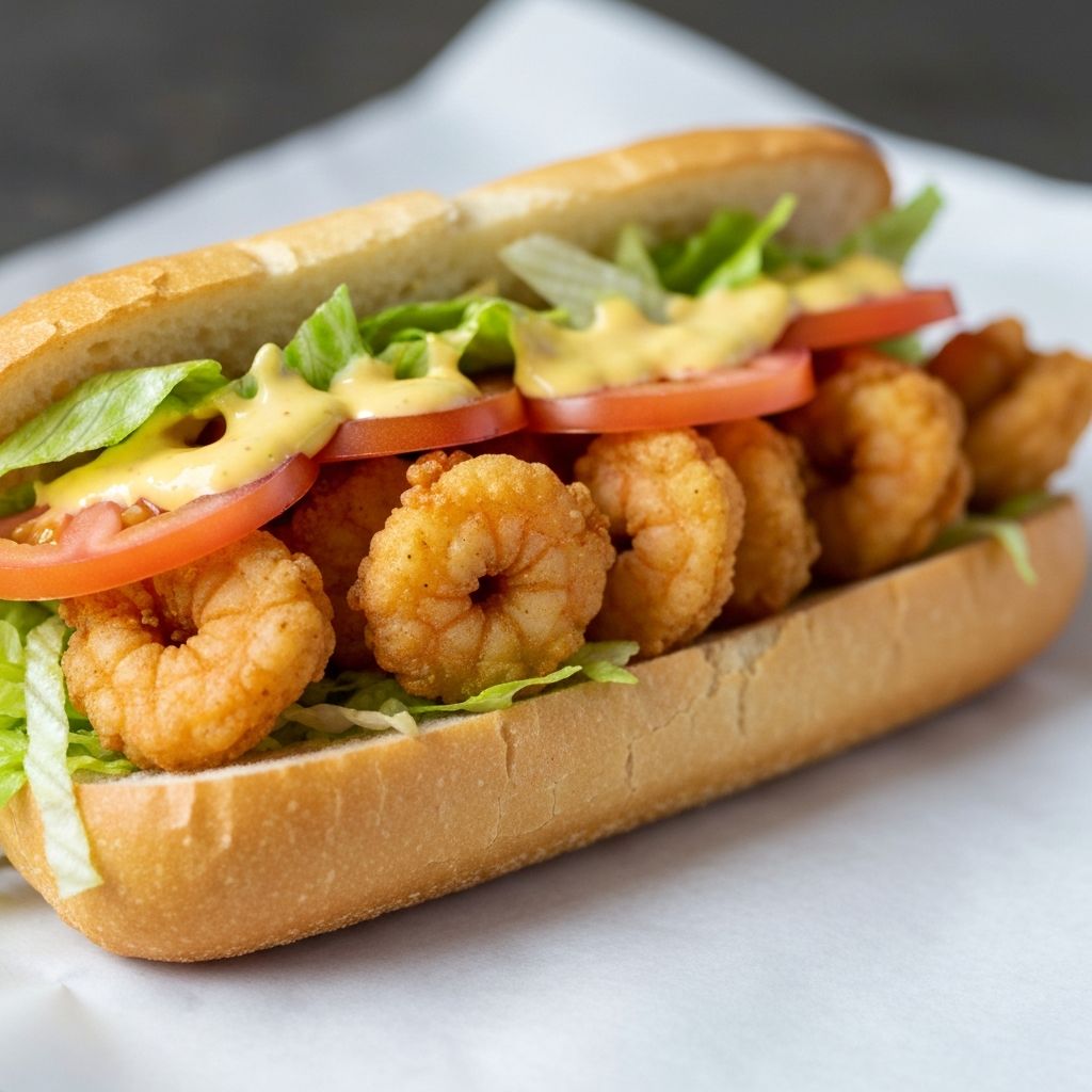 Fried shrimp po-boy sandwich on crusty French bread