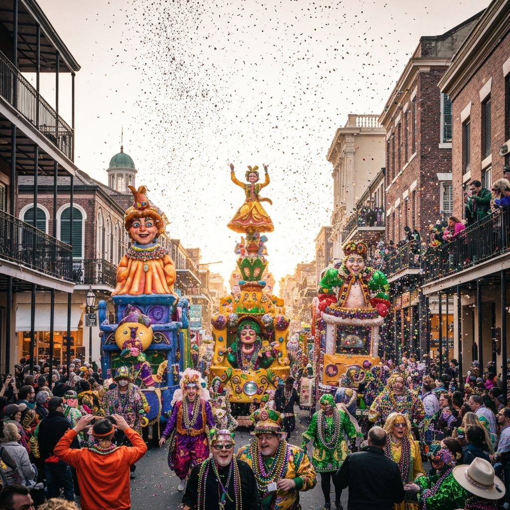 Mardi Gras parade with colorful floats and beads