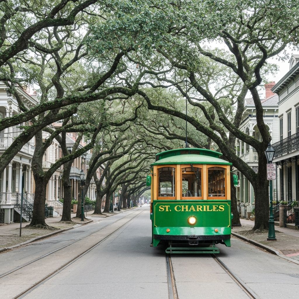 St. Charles streetcar on oak-lined avenue