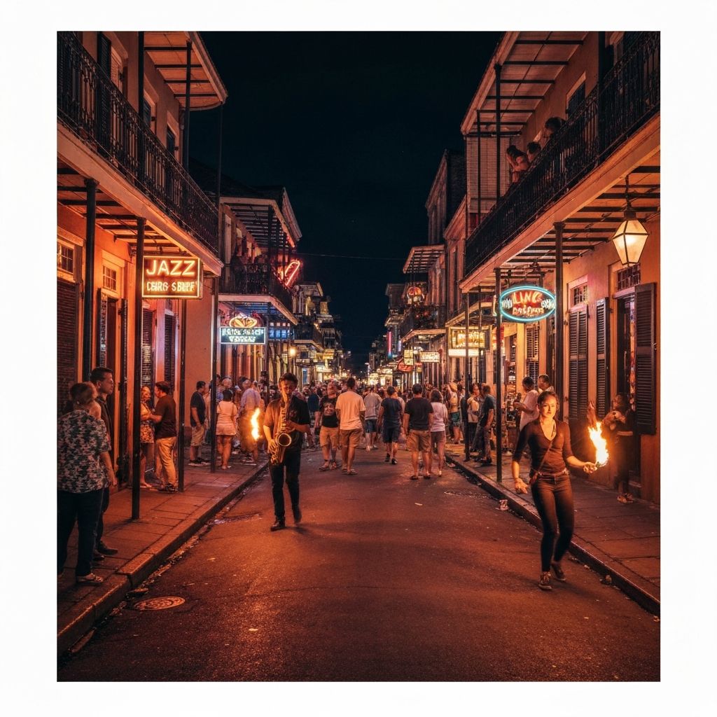 Frenchmen Street nightlife with jazz clubs and neon signs