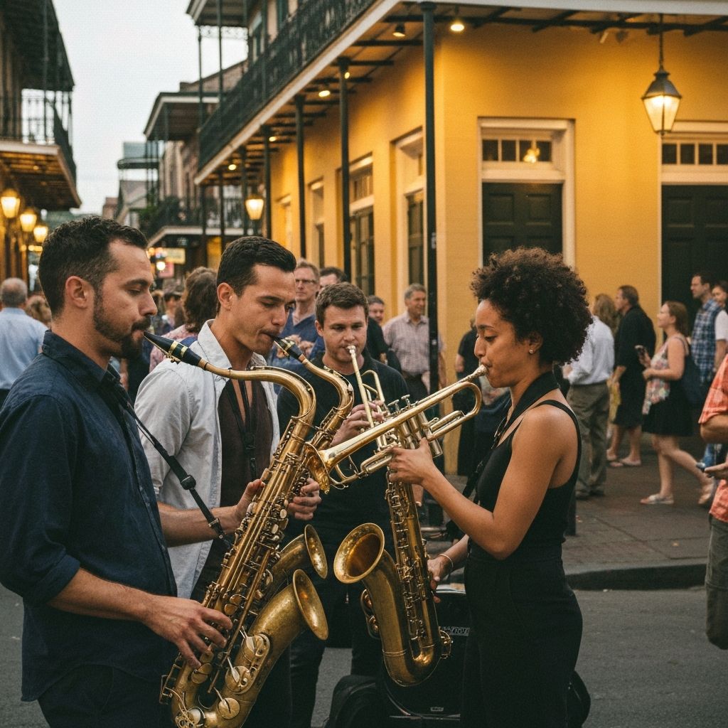 Jazz musicians playing on a New Orleans street corner