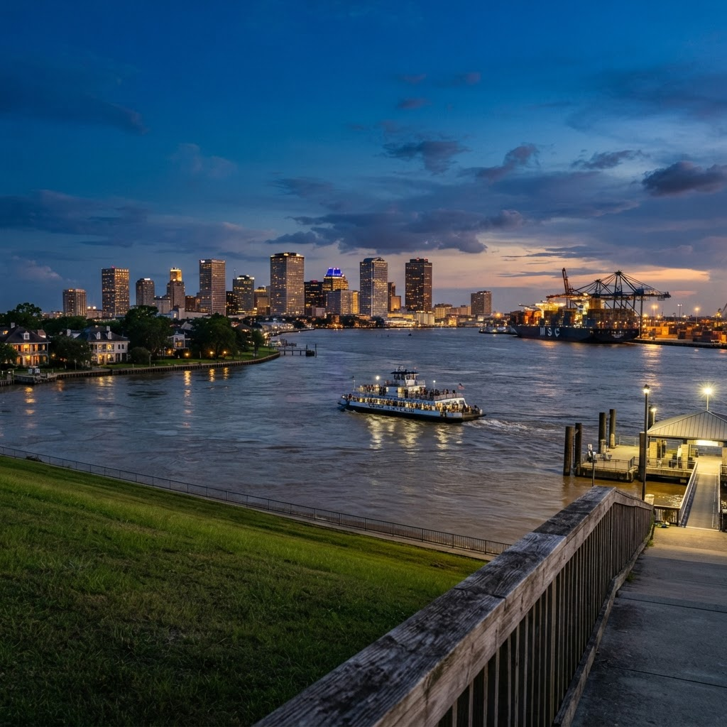 New Orleans skyline seen across the Mississippi from Algiers Point at dusk