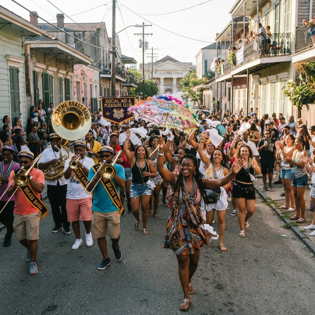 Sunday second line parade with a brass band moving down a neighborhood street